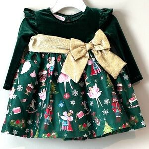 NEW Bonnie Baby Size 12M Shantung Dress with Side Bow Green Gold Dress Holiday